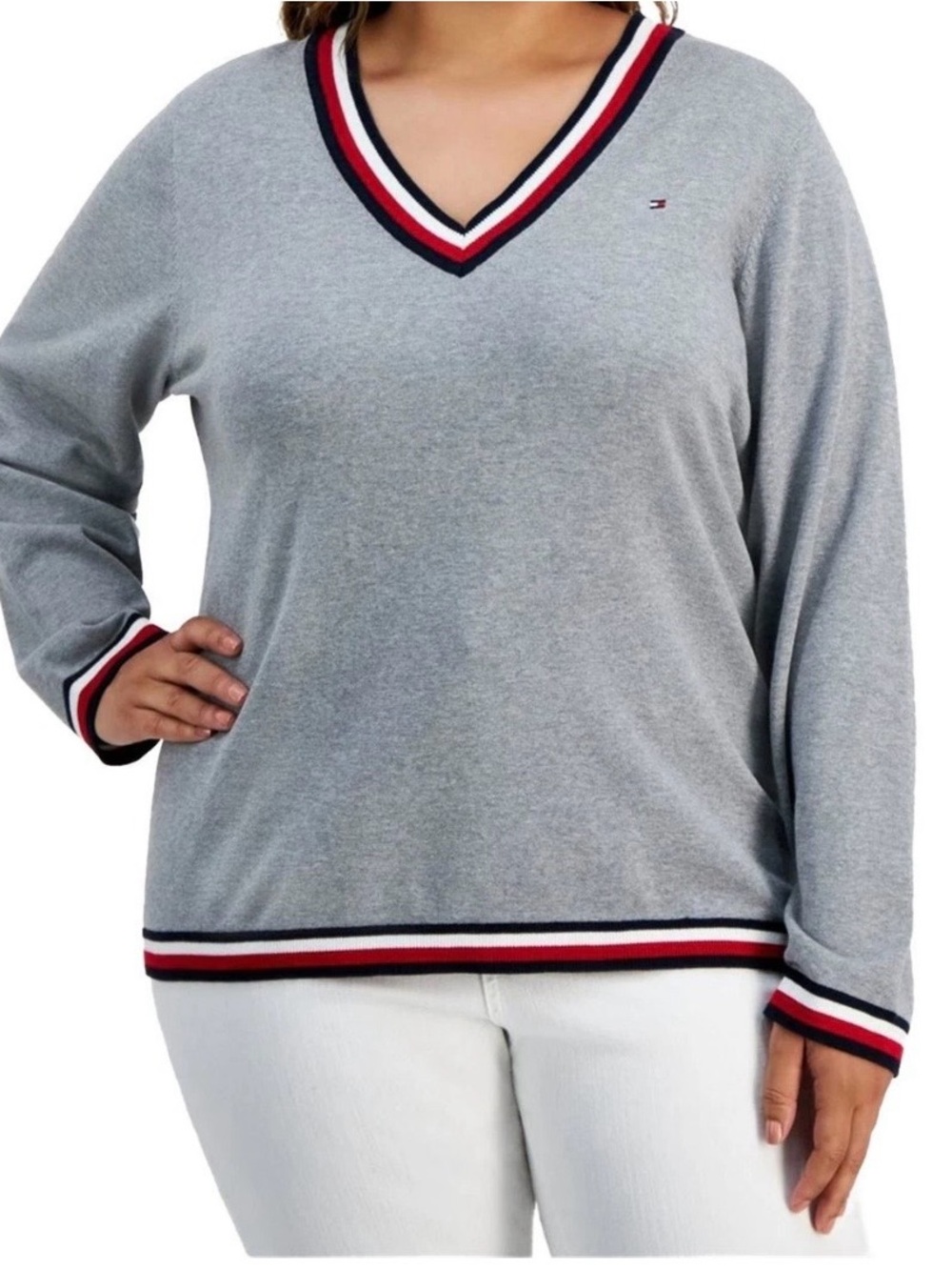 Tommy Hilfiger Light Gray V-Neck Sweater with Red, Navy & White Trim